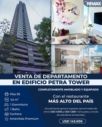 Vendo Departamento de 1 Dormitorio Amoblado en el piso 30 Petra Tower 