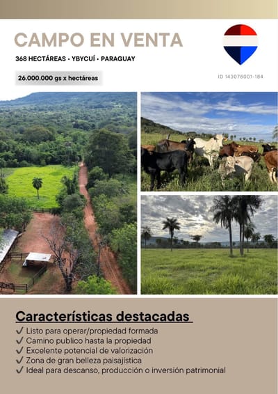 Vendo campo de 368 hectáreas con Arroyo en Ybycui a 26 millones Gs la hectárea 