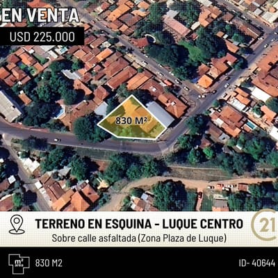 EN VENTA – TERRENO EN ESQUINA SOBRE ASFALTADO – PLENO CENTRO DE LUQUE