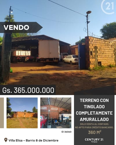 *VENDO TERRENO CON TINGLADO EN VILLA ELISA – BARRIO 8 DE DICIEMBRE*