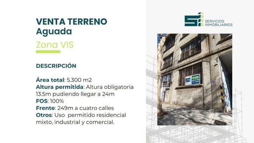Venta Terreno en Aguada Av. Rondeau 5.300 metros altura 24metros Ley 18795