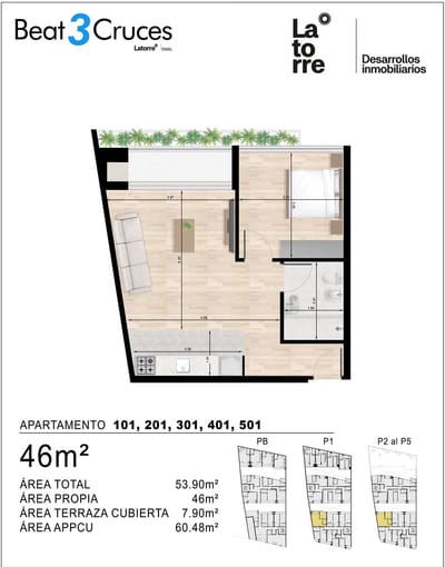 J.S. Venta 1 dormitorio beat tres cruces terraza garaje