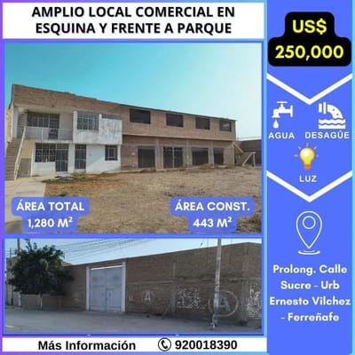 VENTA DE LOCAL COMERCIAL EN ESQUINA Y FRENTE A PARQUE EN FERREAFE