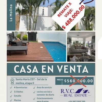 REMATE POR VIAJE HERMOSA CASA CON PISCINA EN EL SOL DE LA MOLINA