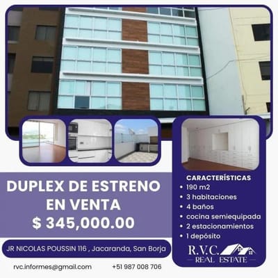 VENTA DE HERMOSO DUPLEX EN SAN BORJA  JACARANDA