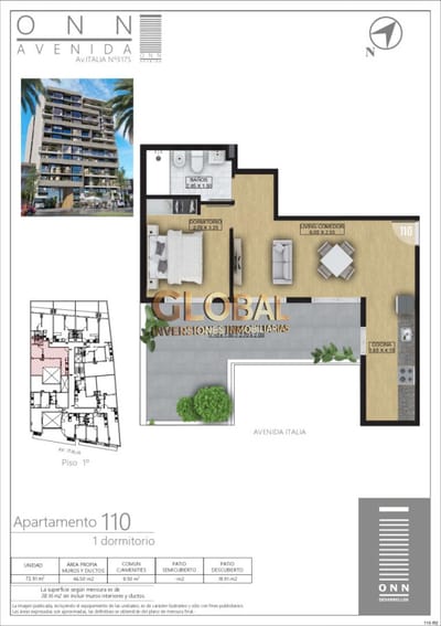 Apartamento de 1 Dormitorio en exclusivo edificio sobre Av Italia