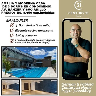 AMPLIA CASA DE 3 DORMS EN SUITE,EN CONDOMINIO,AV BANZER Y 8VO ANILLO