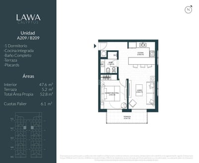 VENTA APARTAMENTO 1 DORMITORIO BARRA DE CARRASCO ED. CALYPTUS LAWA TERRAZA AL FRENTE