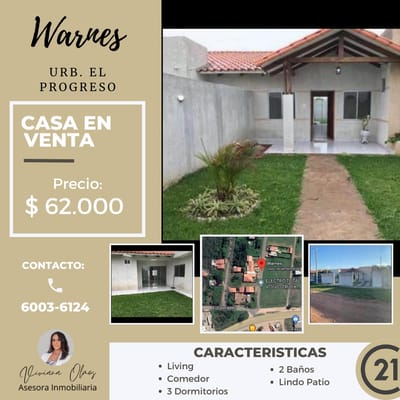 CASA ECONOMICA EN VENTA EN WARNES, Urbanizcion El Progreso