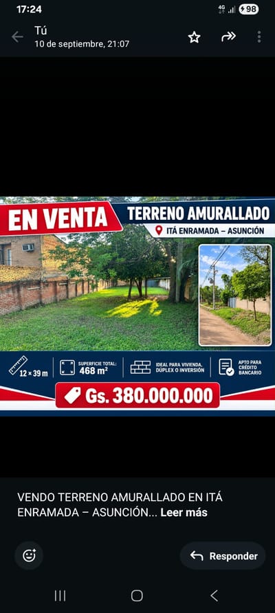 VENDO TERRENO EN ITAENRAMADA