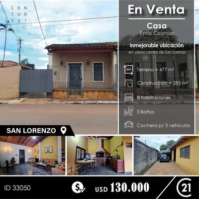 EN VENTA HERMOSA Y AMPLIA CASA PAREADA EN PLENO CENTRO DE SAN LORENZO