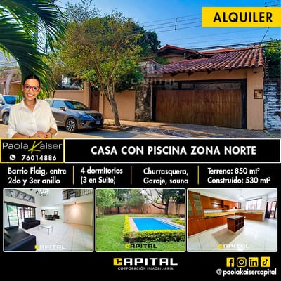 Casa con piscina 4 dormitorios y amplio terreno en alquiler, santa cruz