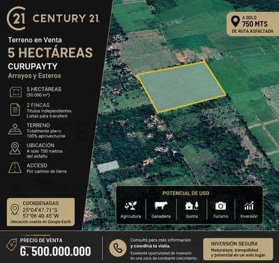 Vendo 5 hectáreas en Curupayty, Arroyos y Esteros , a 750 metros de la ruta