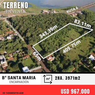 Vendo Terreno de 2 hectáreas con 3.971 M2 en Encarnación 