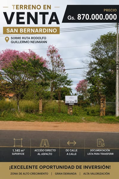 Gran Terreno De Calle a Calle de 1.145 m² sobre Av. Naumann en San Bernardino