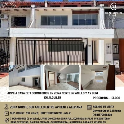 AMPLIA CASA DE 7 DORMITORIOS EN ALQUILER,ZONA NORTE 3ER ANILLO Y AV BENI
