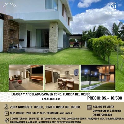 LUJOSA Y AMOBLADA CASA EN ALQUILER EN COND FLORIDA DEL URUBO
