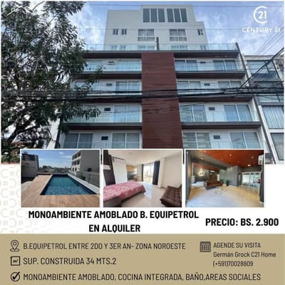 PARA EJECUTIVOS, MONOAMBIENTE AMOBLADO EN ALQUILER,B.EQUIPETROL