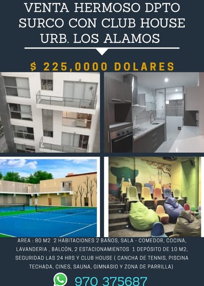 VENTA HERMOSO DEPARTAMENTO SURCO- URB. LOS ALAMOS CON CLUB HOUSE