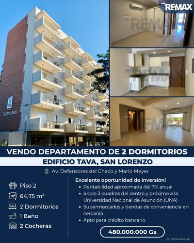 Vendo Depto de 2 Dormitorios Edif Tava, San Lorenzo