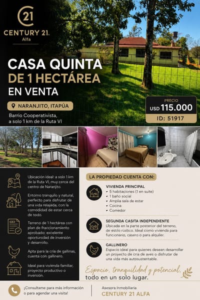 CASA QUINTA DE 1 HECTÁREA EN VENTA – NARANJITO, ITAPÚA
