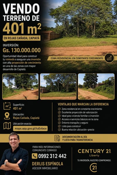 VENDO TERRENO DE 401 m² EN ROJAS CAÑADA, CAPIATÁ | INVERSIÓN Gs. 130.000.000