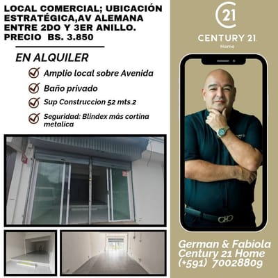 LOCAL COMERCIAL,SOBRE AV ALEMANA EN ALQUILER A SOLO BS 3.850