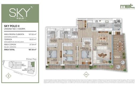 Apartamento de tres dormitorios en pozo zona Carrasco Polo Club.