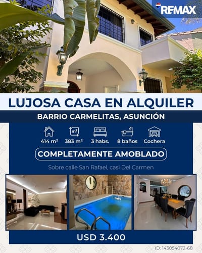 Alquilo casa de 3 habitaciones Amoblado en Asunción Bº Carmelitas