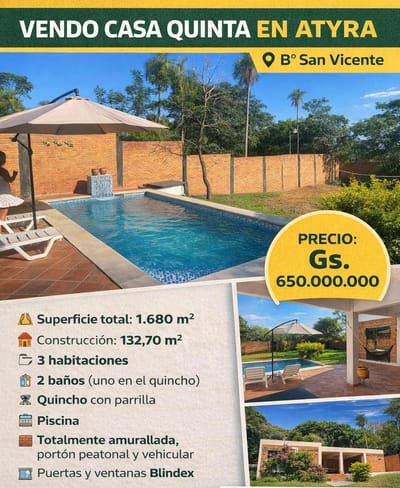 VENDO CASA QUINTA -EN ATYRA ( B san Vicente)