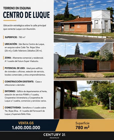 TERRENO EN ESQUINA EN VENTA – CENTRO DE LUQUE