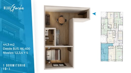 Departamento de 1 dormitorio En Pre Venta Edificio Blue Garden