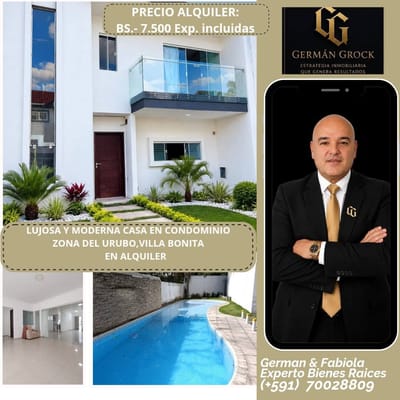 EN CONDOMINIO EXCLUSIVO,CASA MODERNA EN ALQUILER EN URUBO