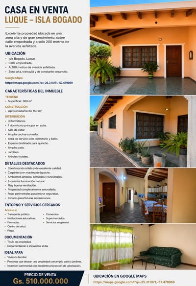 CASA EN VENTA | LUQUE – ISLA BOGADO