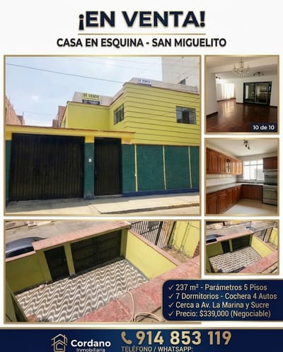 VENDO CASA EN ESQUINA SAN MIGUELITO 2 FRENTES 237M2 PARAMETROS 5 PISOS US339,000