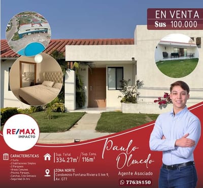 CASA EN VENTA EN CONDOMINIO LA FONTANA RIVIERA II Z/NORTE 