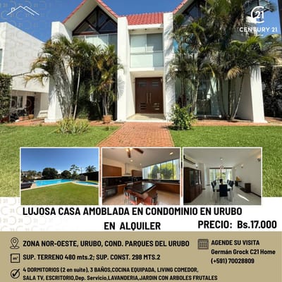 AMPLIA CASA AMOBLADA EN CONDOMINIO EN URUNO EN ALQUILER