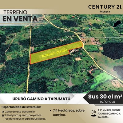 En Venta! Amplio terreno de 7.4 Has camino a Tarumatú