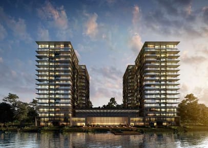 Ubicado en Carrasco Este,  frente al Lago Calcagno, un desarrollo del estudio de Arq Gomez Platero, con apartamentos de 1, 2, 3 y 4 dormitorios.