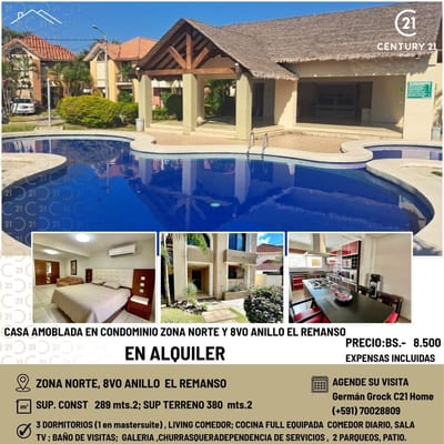 AMPLIA CASA AMOBLADA EN ALQUILER, EN CONDOMINIO A SOLO BS 8.500