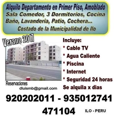 se alquila dpto amoblado ILO - PERU