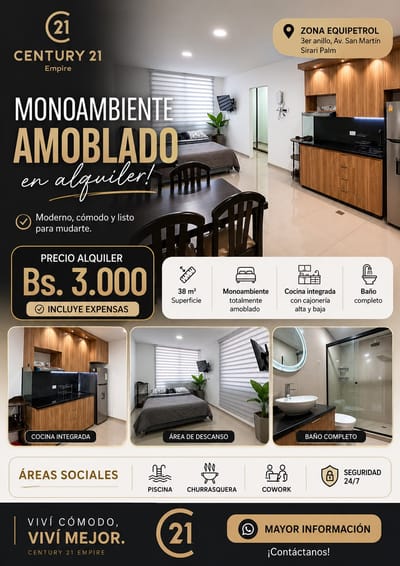 Monoambiente amoblado en alquiler - Equipetrol