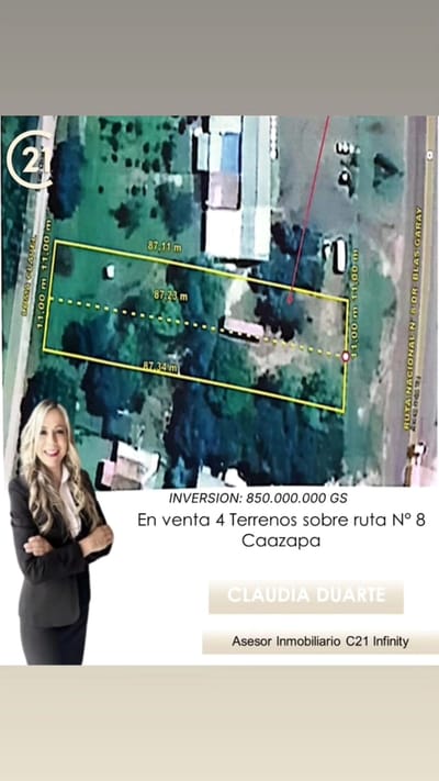 Vendo 4 Terrenos de calle a calle  sobre la Ruta N° 8 en la Ciudad de Caazapa. 