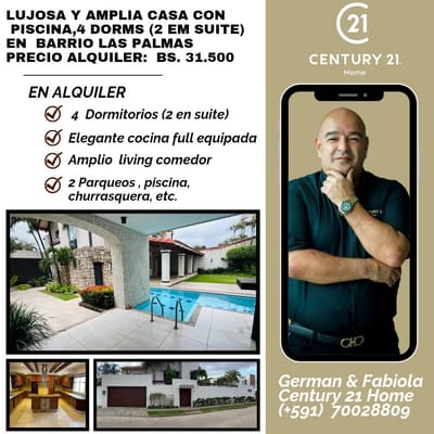 LUJOSA Y AMPLIA CASA DE 4 DORM Y PISCINA EN ALQUILER BARRIO LAS PALMAS
