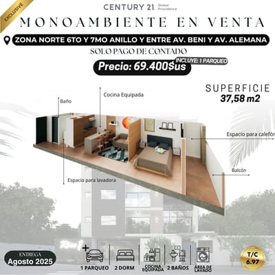 MONOAMBIENTE EN VENTA CON PARQUEO