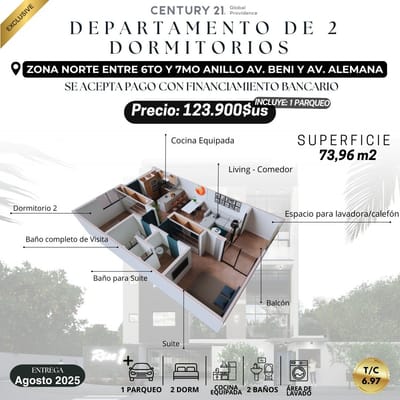 DEPARTAMENTO 2 DORMITORIOS CON PARQUEO INCLUIDO