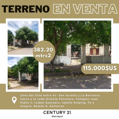 TERRENO EN VENTA DE 382 METROS 3ER ANILLO