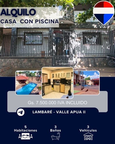 Alquilo casa con piscina en lambare