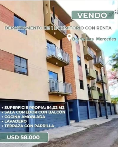 VENDO DEPARTAMENTO DE 1 DORMITORIO CON RENTA EN EL BARRIO LAS MERCEDES