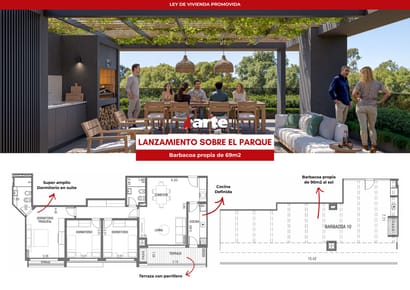 Venta de apartamento de 3 dormitorios sobre el parque con 90m2 de barbacoa propia